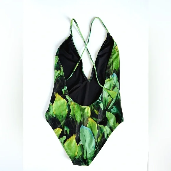 Forever 21 Tropical Green Plunge Neckline One Piece Swimsuit - Size Medium - Picture 2 of 5